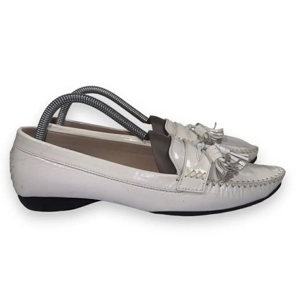 Stuart Weitzman Patient Leather Tassel Loafers White‎ Women's 9.5M
